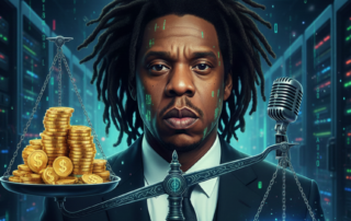 Digital illustration summarizing the Roc Nation Distribution royalty debate. A balance scale shows the 15% fee (representing the company's take, analytics, and legal commitment) visually outweighing the larger stack of coins representing the artist's 85% revenue, symbolizing the perceived high cost and weight of the exclusive contract terms for independent producers.