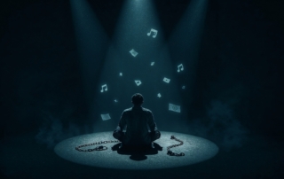 Cinematic scene of a lone person sitting cross-legged in a dark spotlight, surrounded by broken chains and floating glowing music icons, symbolizing the struggle for fair streaming royalties and artist compensation.
