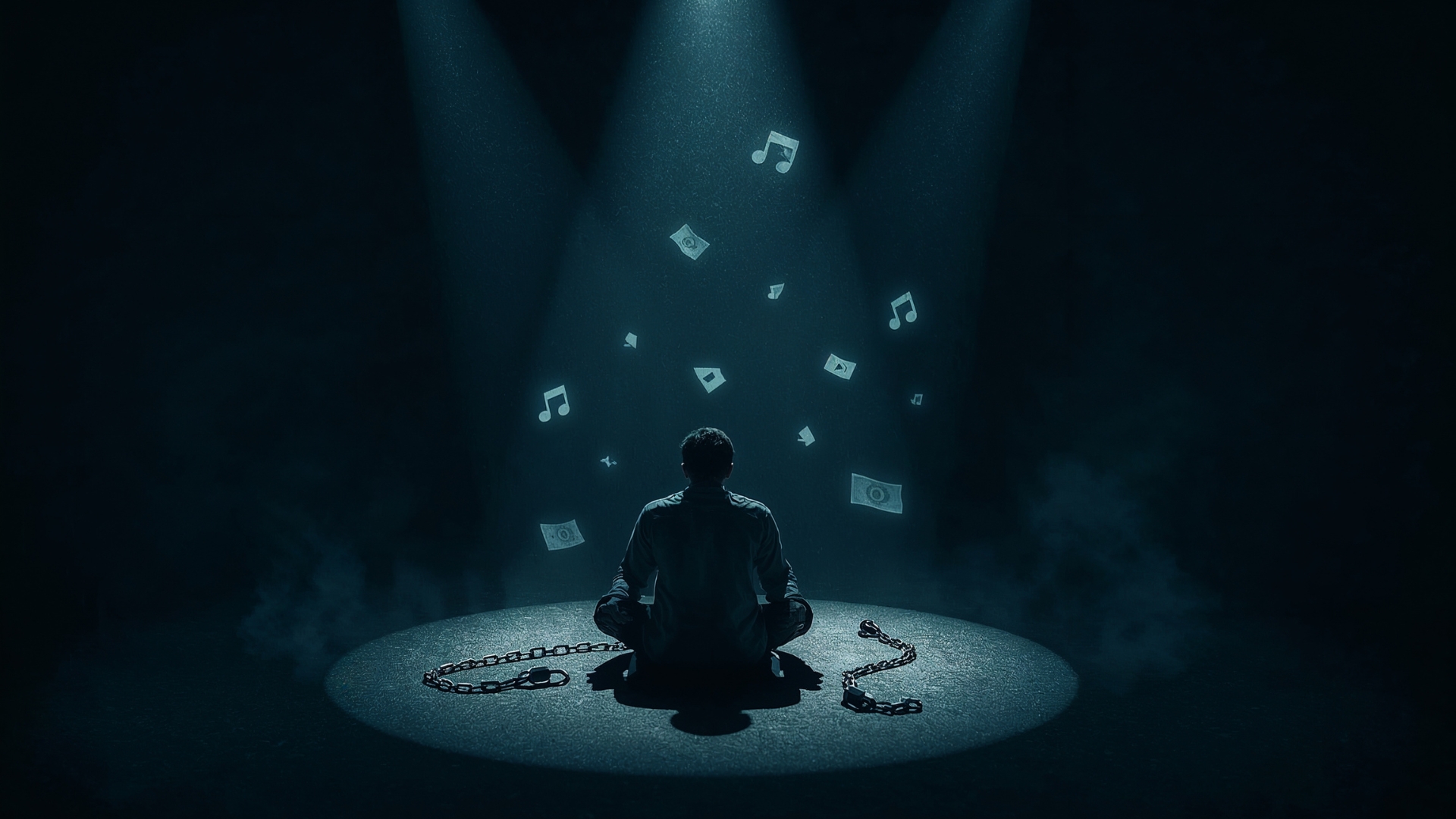 Cinematic scene of a lone person sitting cross-legged in a dark spotlight, surrounded by broken chains and floating glowing music icons, symbolizing the struggle for fair streaming royalties and artist compensation.